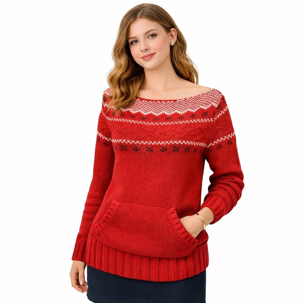 Polo Jeans Co Women's Sweater Y2K Red Fair Isle Knit Boat Neck Pocket‎ Med